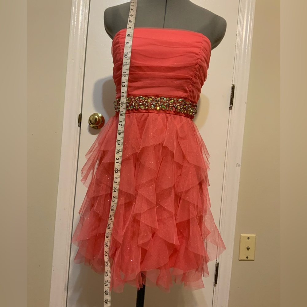 EUC Deb Strapless Coral Sparkly ruffles Prom/ Cocktail mini Dress - Picture 6 of 9